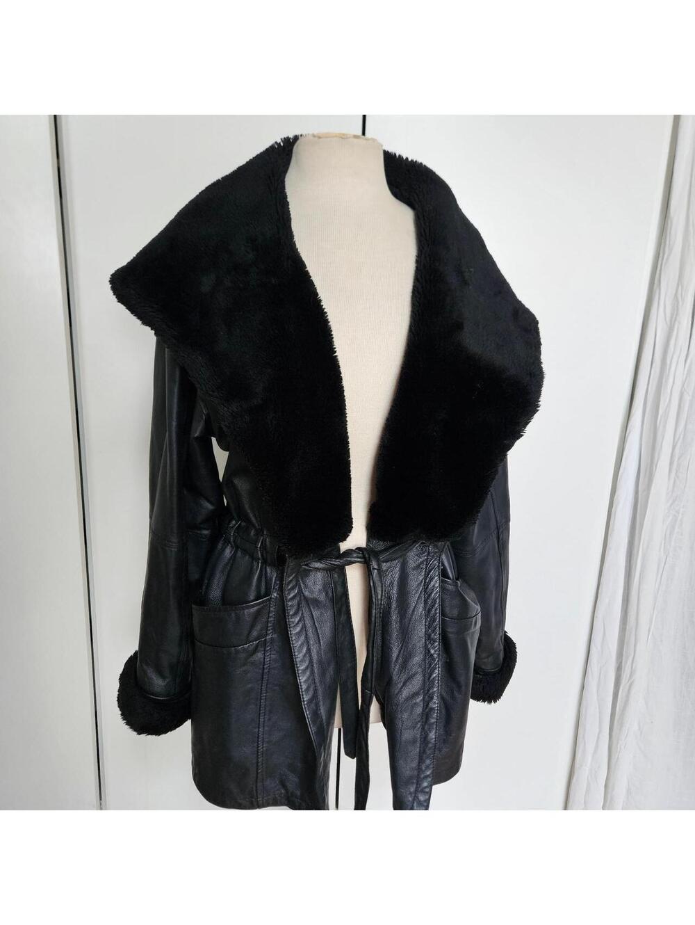 90s vtg Black Genuine Leather Coat, Faux Fur Hood